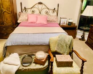 Queen Iron Headboard Antique Brass Finish w/Frame. Queen Mattress and Box (sold separately). Vintage Wood Arm Chair. Bed Linens .