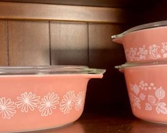 Pyrex Pink Daisy and Gooseberry Casserole Bowls/Dishes.