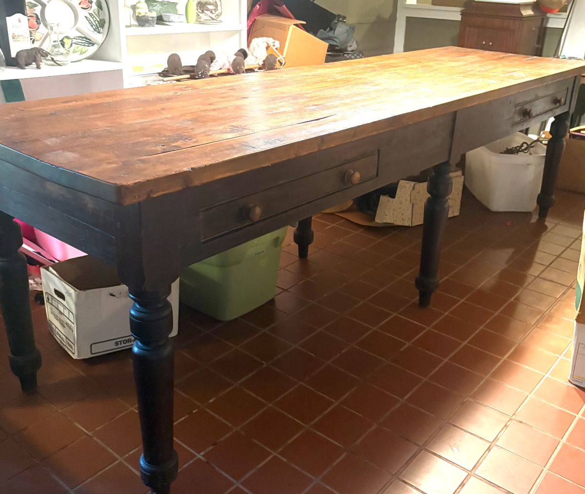 Incredible vintage counter height butcher block wood table with drawers, 10 feet by 3 feet. Former deer processing table, perfect for a restaurant, crafting table, large dining room table. Photos don't do it justice. Stunning!