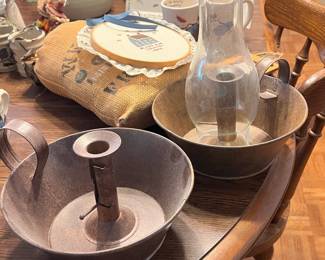 Primitive Metal Courting Pan with Adjustable taper push up candle - one glass vase - $20 each 