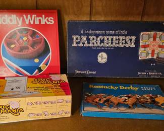 Vintage board games - Tiddly Winks, Parcheesi, Pig Mania, Kentucky Derby