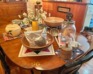 Antique Glass Churn/Dough Bowls/Buttermold
