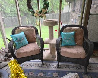 2 outdoor, brown, resin wicker chairs with cushions. Good condition. $400