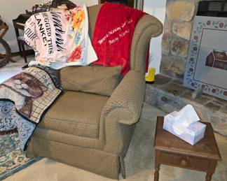 Beige, rolled-arm armchair, fair condition, $100