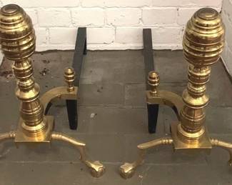 16 - Pair Brass Beehive Design Andirons 20 x 36