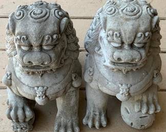 53 - Pair Concrete Foo Dog Statues 14"