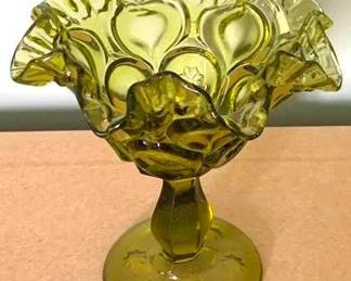 40 - Avocado Green Glass Compote 6" Tall