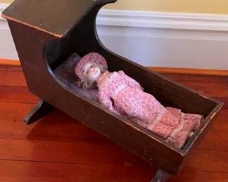 83 - Wood Doll Cradle w/ Doll 18 x 10 x 27