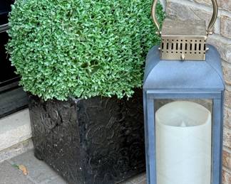 Black Planter with Faux Plant and Lantern