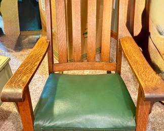 Vintage Arts & Crafts Rocking Chair with Green Leather Seat