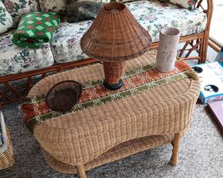 Rattan sofa $165.00
Wicker coffee table $45.00
Wicker lamp $20.00