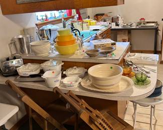 Corningware, Vtg kitchen items, wooden folding chairs, Vtg clothes pin bag,