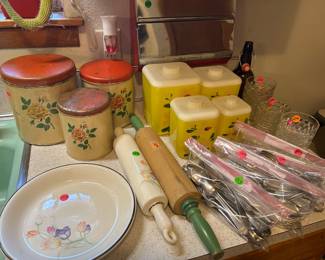 Vtg metal & plastic canister sets, metal hanging kitchen foil & plastic wrap dispenser