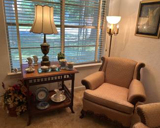 Occasional table, vintage chair, lamps, wall decor