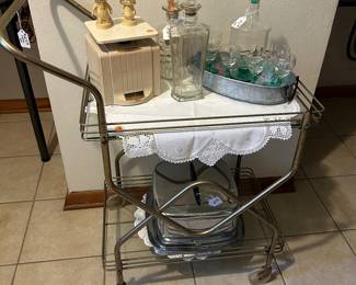 Brass Bar Cart with glass shelves, decanters & set, vintage square cake cover, scales