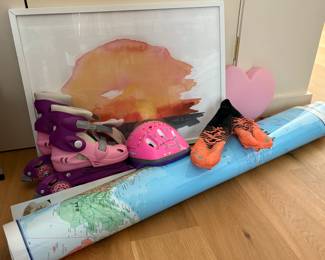 Art print, roller blades and gear, soccer cleats (men's 8) , maps, heart lamp