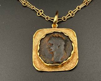 Old Ancient Roman Coin with 14 Carrot Gold Pendant & Chain