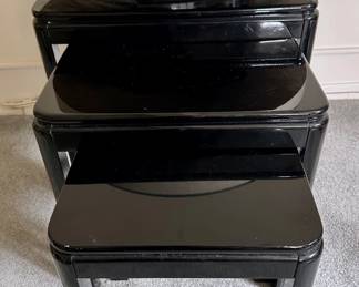 Set Of 3 Solid Wood Stacking Tables, Largest With Glass Covered Round Top In Black Piano Lacquer
Lot #: 61