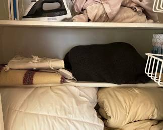 2 Duvets, Wool Blankets, Robes, Round Table Cloth, Heating Pad & 3 New Boxes Of Tissues
Lot #: 131