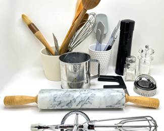 Vintage Marble Rolling Pin, Egg Beater & Over 20 Baking Tools With Kitchen Canisters
Lot #: 107