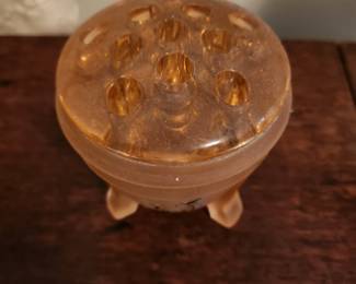 L E Smith depression era satin pink flower frog vase hand painted