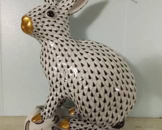 Large Herend Black Fishnet Rabbit with gold accents