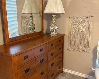 Lamp, macrame wall hanging