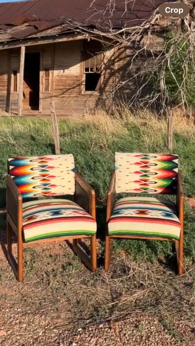 pair vintage chairs covered with vintage mexican textile