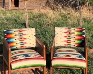 pair vintage chairs covered with vintage mexican textile