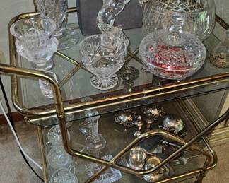 Vintage Beverage cart, various Waterford and Swarovski crystal