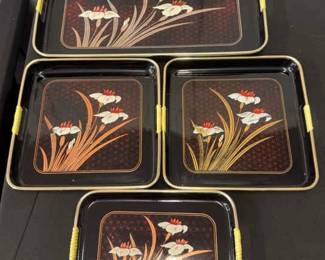 Vintage Oriental Lacquer 4Piece Nesting Serving Tray Set