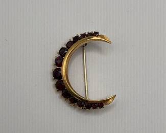 Vintage 10K Moon Brooch With 15 Gems