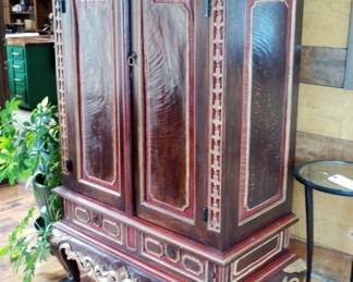 Antique Dutch Colonial Hand Painted 2-Door Cabinet With Ball And Claw Feet