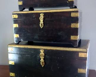 Decorative Wood Storage Chests with Brass Accents, Qty 3