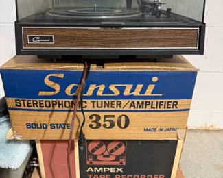 Some of our vintage electronics!  AND YES, THE SANSUI AMP is in the box and it is all ORIGINAL! 