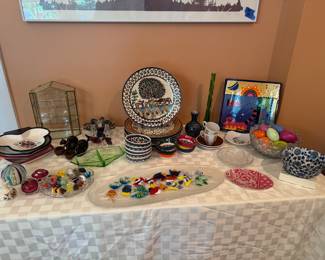 Collection of Dishes, Colored Glass, Murano Glass Candies and Fish & White House Easter Eggs