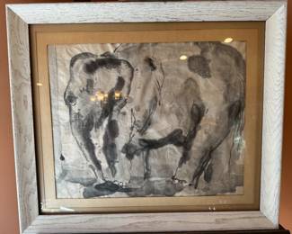 Framed Original Watercolor on Paper of Elephant Signed Ann Dyves