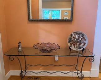 Metal Base Glass Top Rectangular Console Table (58"W x 17"D x 26-1/2"H) with Metal Framed Mirror (33"W x 26-1/2"H)