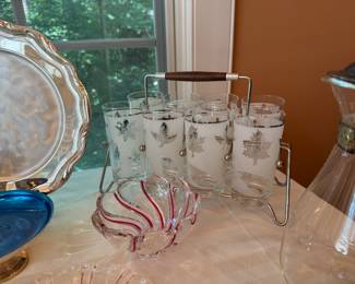 8 Mid Century Libbey Golden Foliage Leaf Tall Starlyte Glasses With Carrier