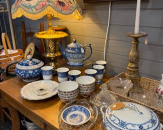 Vintage lamps, dishes, soup tourers, brass candlesticks and art.