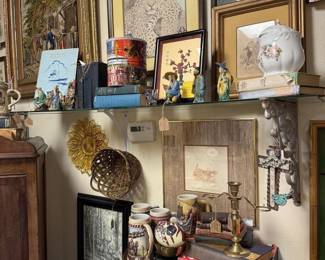 Books, art, baskets, books candlesticks.