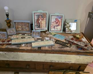 Hand made shabby coffee table, signs, frames