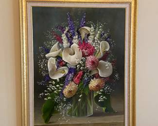 Floral Still Life Oil on Canvas by Colette Privat; approx. 24"x 31" (art only)