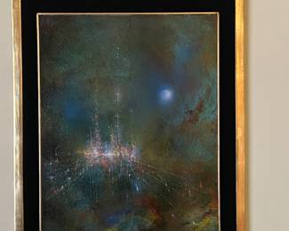 'Enchanted City' by Leonardo Nierman signed and framed, oil on masonite; 31.5" x 23.75"