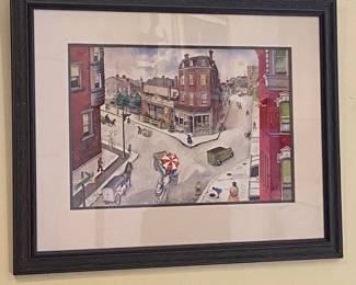 Small Town Scene - watercolor on paper by Rowena Fry; approx. 22"x14.5" (art only)