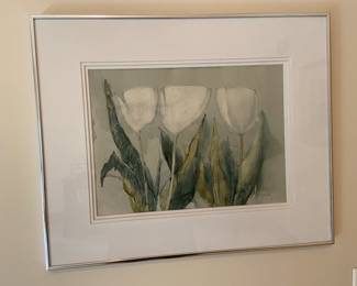 White Tulips watercolor framed, by Roger; approx. 15"x11"