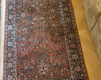 Vintage handmade Persian Rug; Kashmir floral, silk; approx. 35.5"x61" 