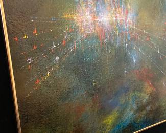 'Enchanted City' by Leonardo Nierman signed and framed, oil on masonite; 31.5" x 23.75"