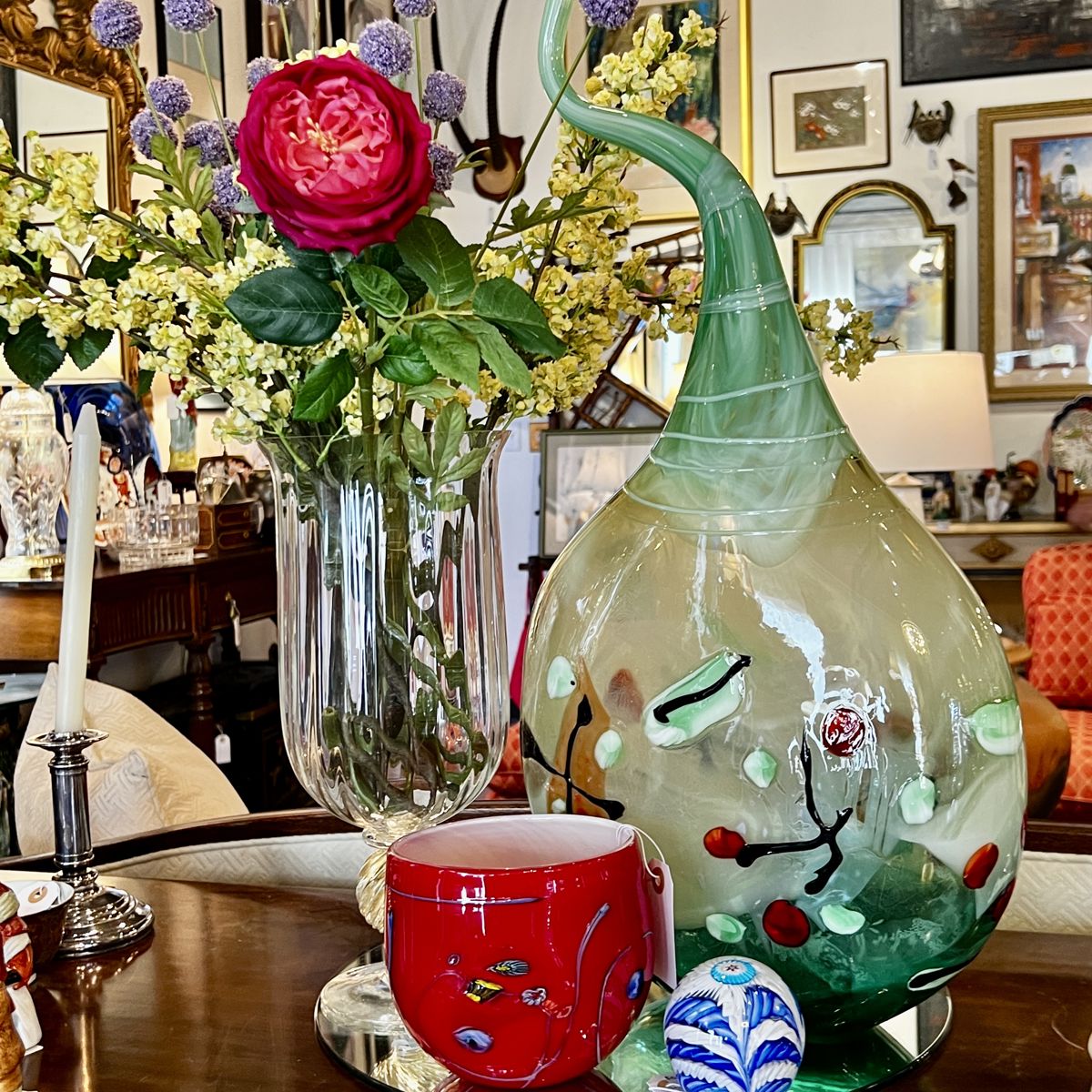 Great selection of art, glass pieces, large and small