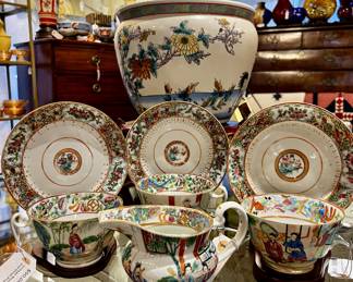 Vintage Rose Famille tea cups and small plates 